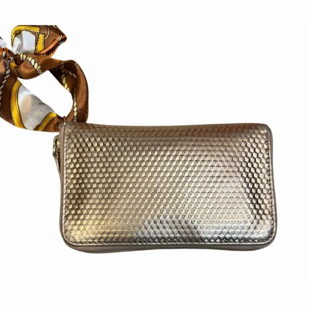 Tory Burch Wallet Wristlet Rose Gold Zip-Around With Non Branded Scarf Bow Strap